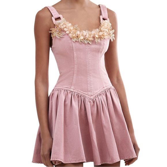 PatBO Dresses & Skirts - PatBO Pink Denim Mini Dress with Floral Accents🌸